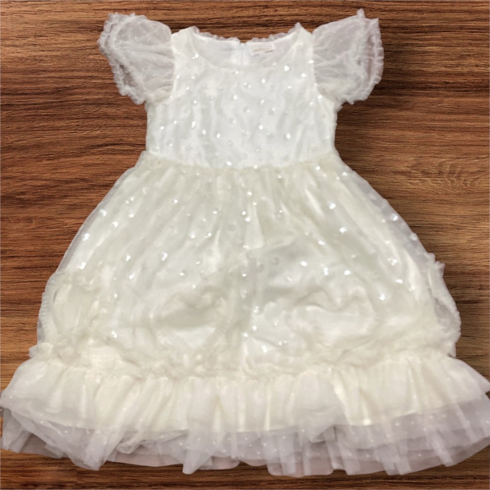 Kensie Girl Ivory Gold Tulle Sequin Heart Ruffle Party Dress Girls 14